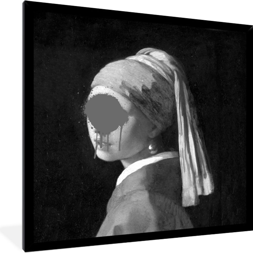 MuchoWow Gerahmtes Poster Das Mädchen mit dem Perlenohrring - Johannes Vermeer - Schwarz und weiß 40x40 cm - Poster mit Schwarzem Bilderrahmen ...