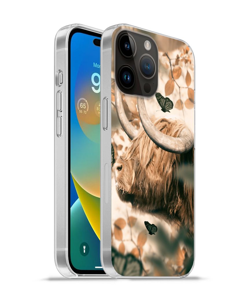 MuchoWow Handyhülle Schutzhülle Hülle für Apple iPhone 14 Pro - Softcase Schottische Highlander - Schmetterlinge - Blätter Silikon Softcase ...