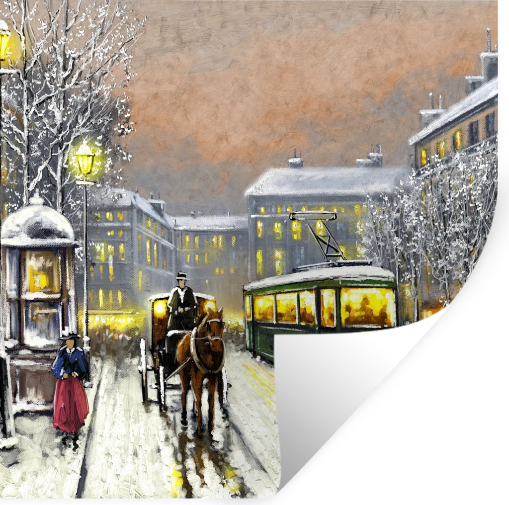 MuchoWow Wandtattoo Wandsticker Wandaufkleber Gemälde - Ölgemälde - Winter - Straßenbahn - Pferd 50x50 cm Selbstklebend und Repositionierbar ...