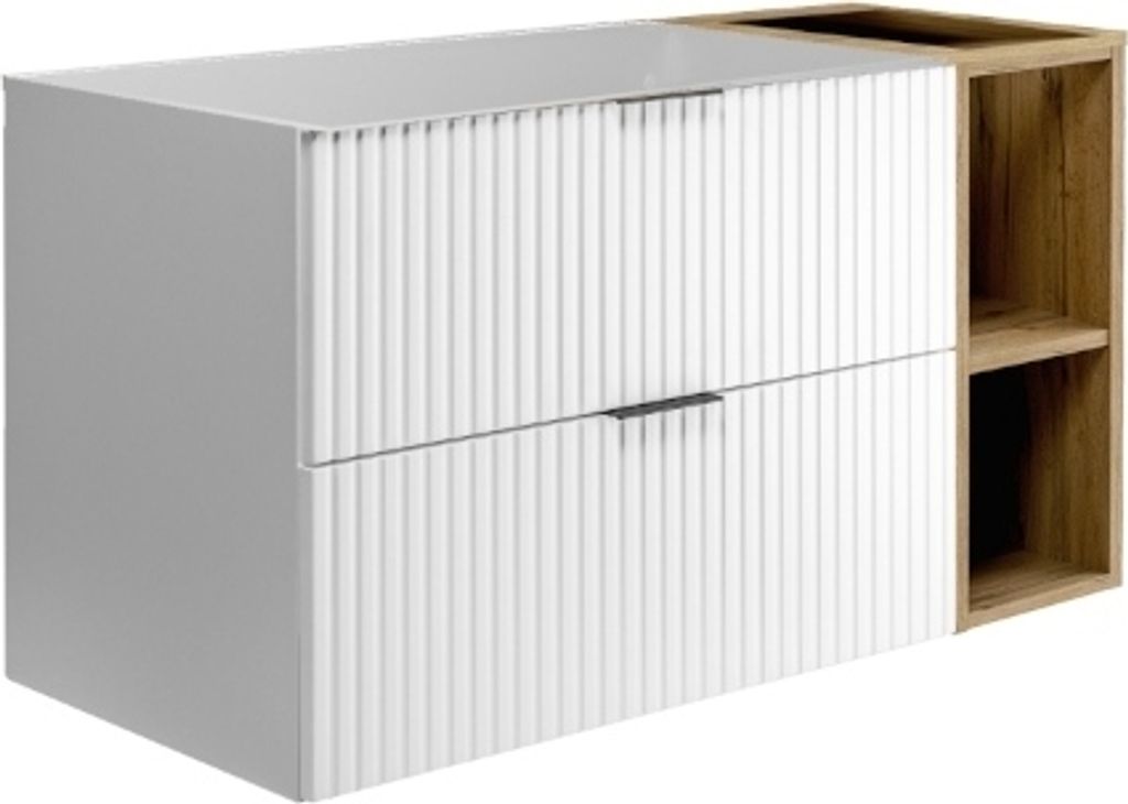 A white and brown bathroom vanity with two drawers and open shelving on the right side, shown against a white background.