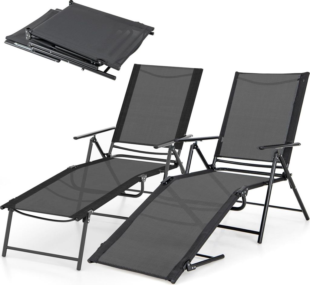 Outdoor Liegestuhl 2er Set, Garten Sonnenliegen mit verstellbarer Rückenlehne und Fußstütze, Outdoor klappbare Liege, Schwarz