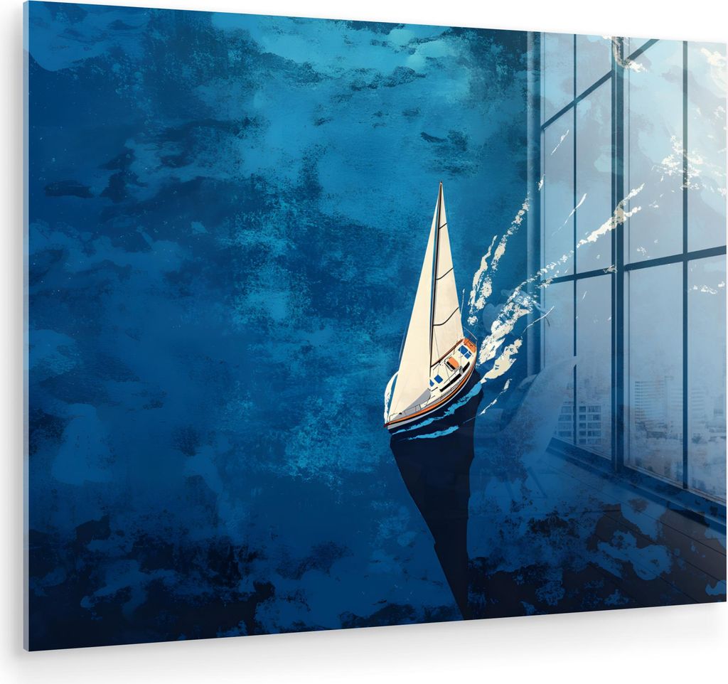 MuchoWow Glasbilder - Bilder auf Wandbild - Foto auf Glas Segelboot - Wasser - Abstrakt - Schatten 40x30 cm Wanddekoration aus Glas - Acrylglasbild...