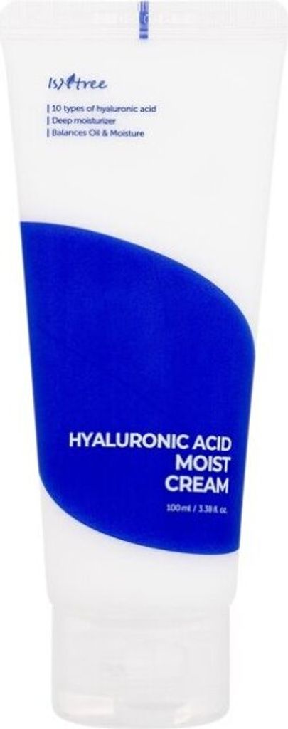 A white tube of ISNtree Hyaluronic Acid Moist Cream with a blue label.