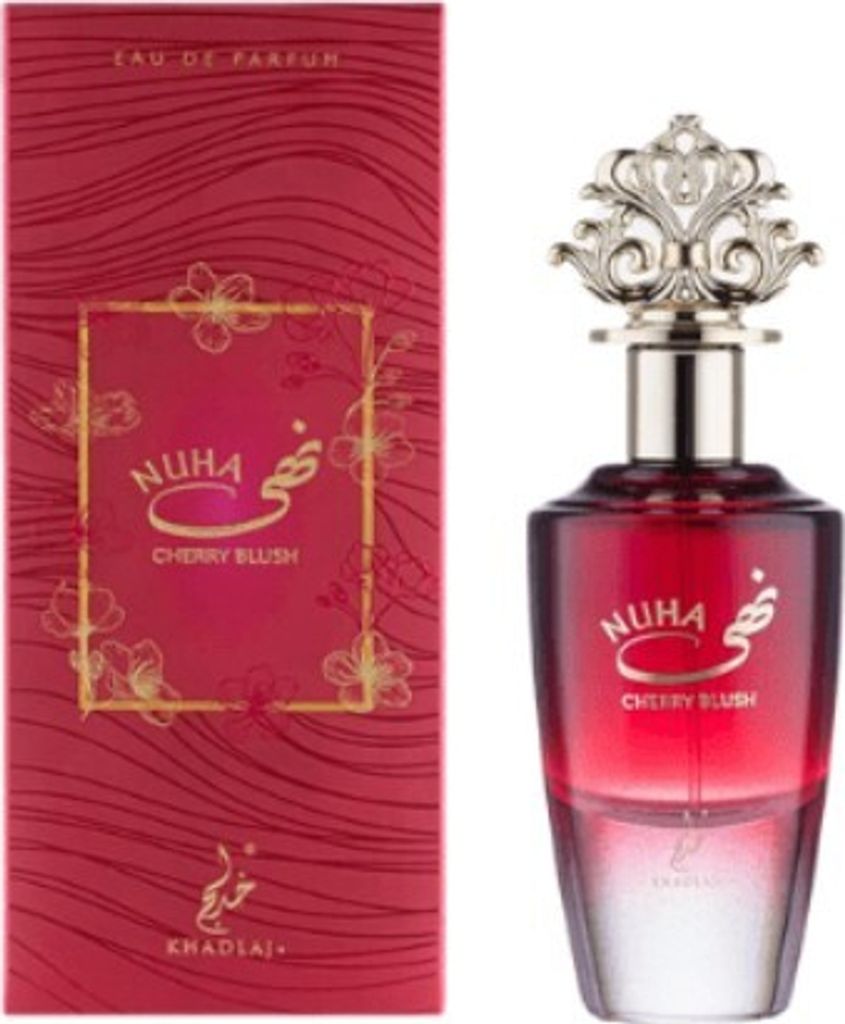 A perfume bottle and its packaging are displayed side-by-side against a white background.