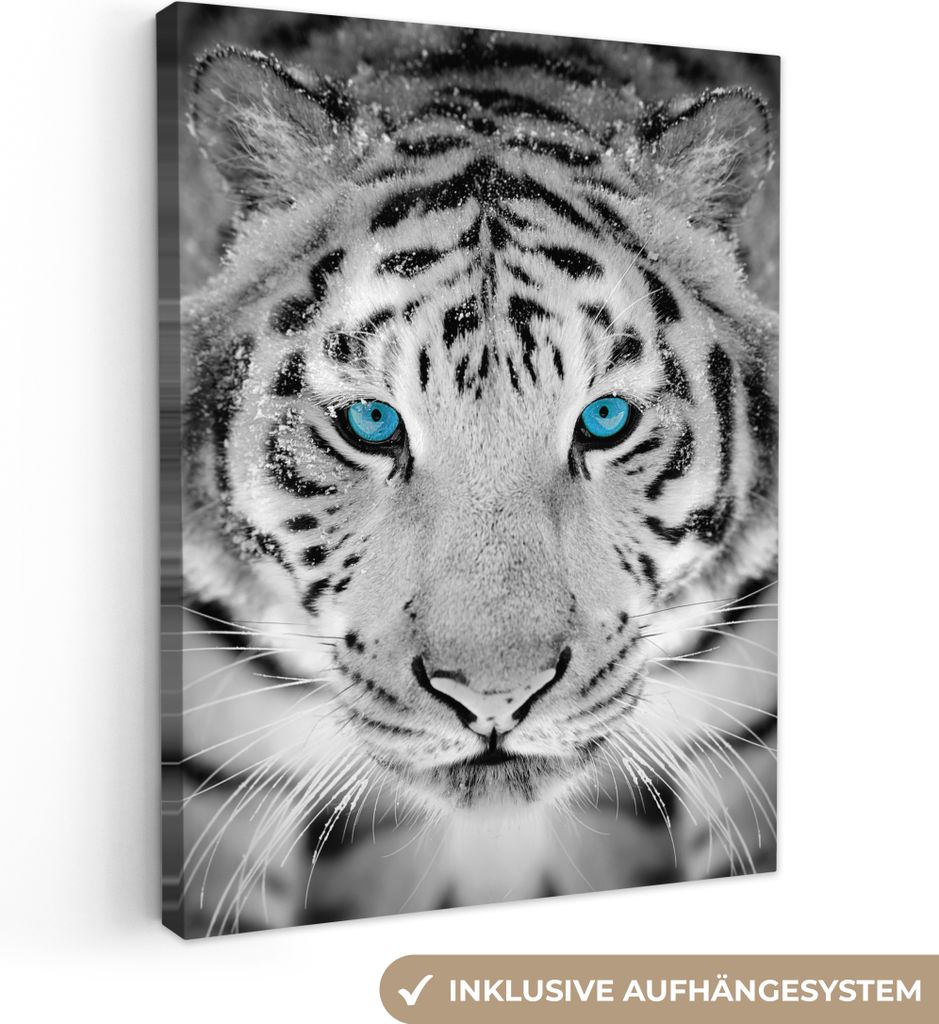 MuchoWow - Leinwandbilder - Tiere - Tiger - Augen - Blau - Schwarz und weiß, Wandbild, Wanddeko Bilder Wohnzimmer, 60x80 cm