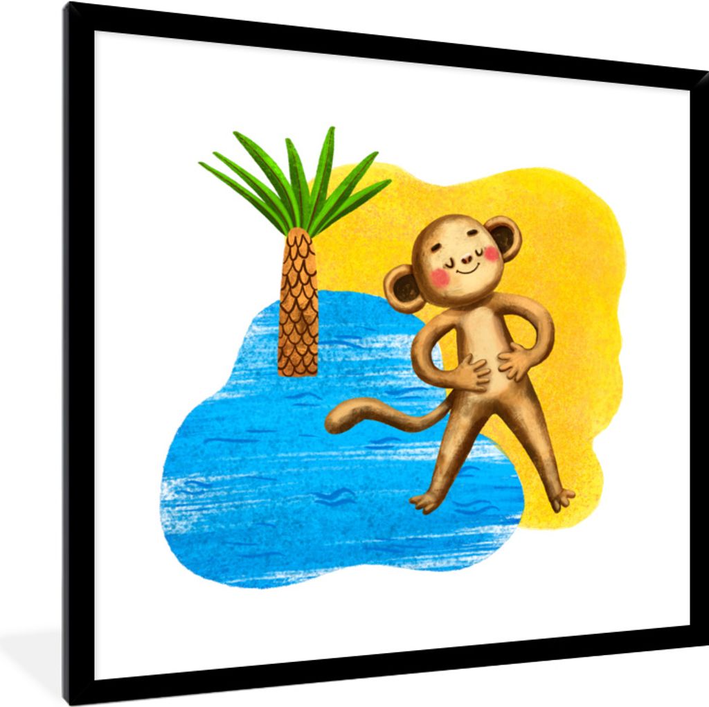MuchoWow MuchoWow Gerahmtes Poster Affe - Palme - Meer 40x40 cm - Poster mit zchwarzem Bilderrahmen - Mit Rahmen - Wanddekoration Schlafzimmer