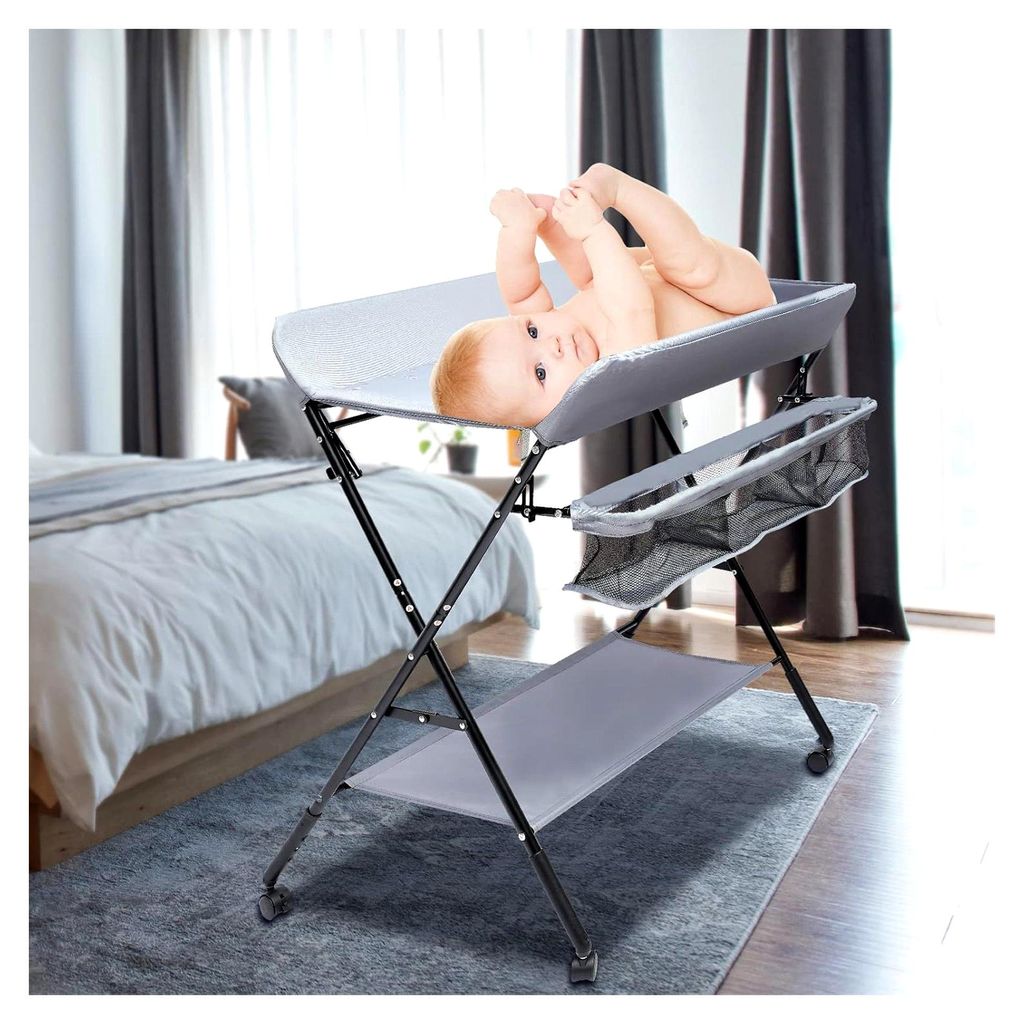 Baby Wickelkombi Mobiler Wickeltisch mit 3 Fächer klappbare Wickelkommode Wickelauflage mit Sicherheitsgurt, für Babys unter 12 Monaten, Höhenve...