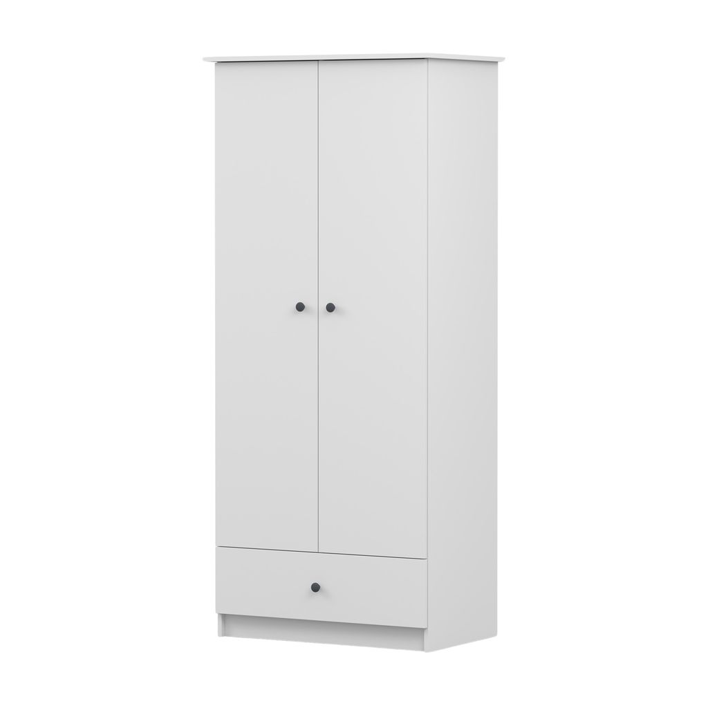Kinderkleiderschrank Drehtürenschrank Schrank 85 cm Weiß/Weiß mit Drehtüren eine Schublade und graue Griffe Olaf 06