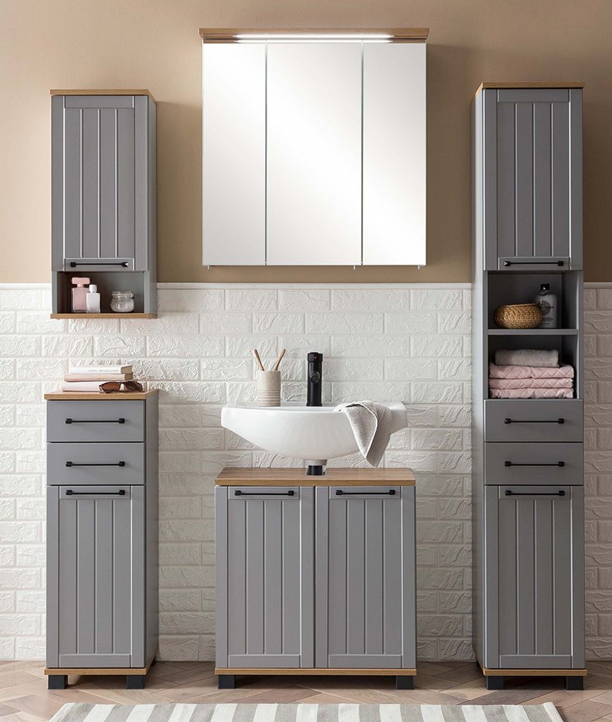 Badmöbel Set mit Spiegelschrank, 5-teilig, grau mit Eiche Nb. im Landhaus Design, JAUSA-80