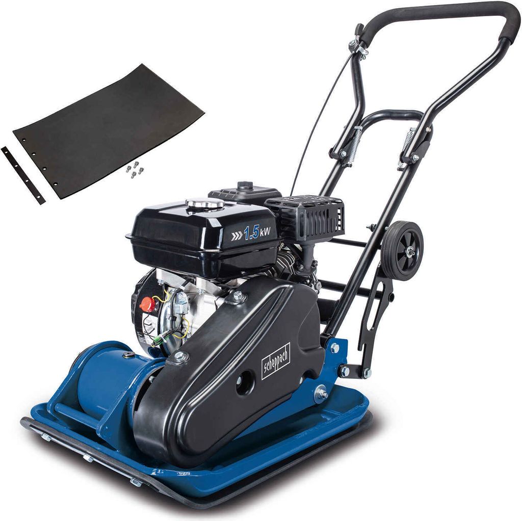 A blue and black plate compactor with a black handle and a small black wheel, shown on a white background. To the upper left of the compactor is a black rubber mat and some screws.