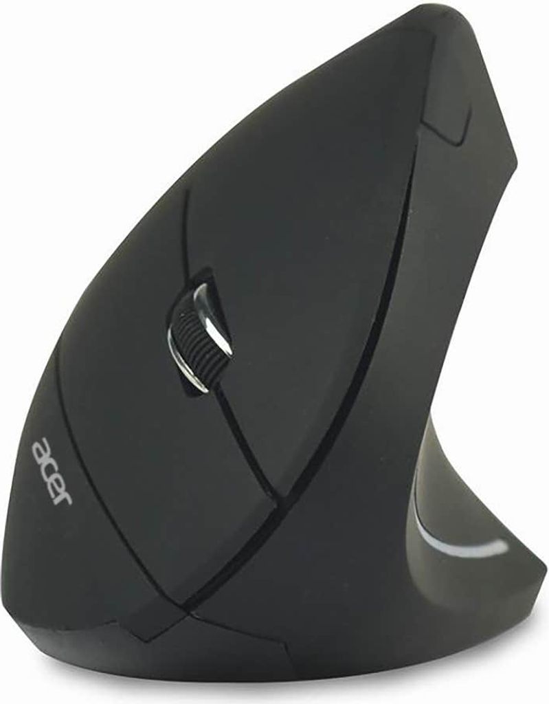 A black vertical mouse is shown against a white background.
