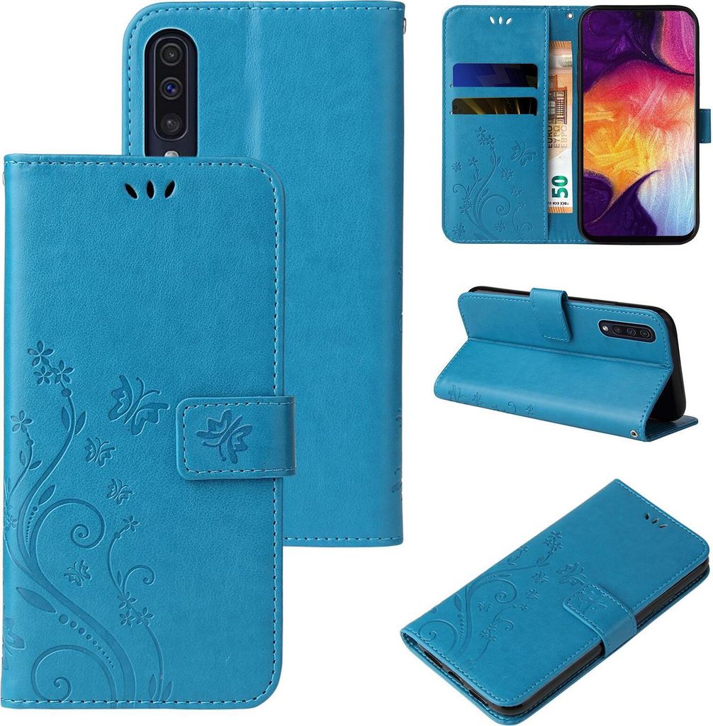 A collage of images showing a blue flip phone case with floral and butterfly embossing.
