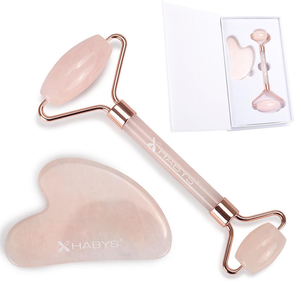 Gua Sha Massage-Set aus echtem Rosenquarz | Stein & Roller Produktbild 