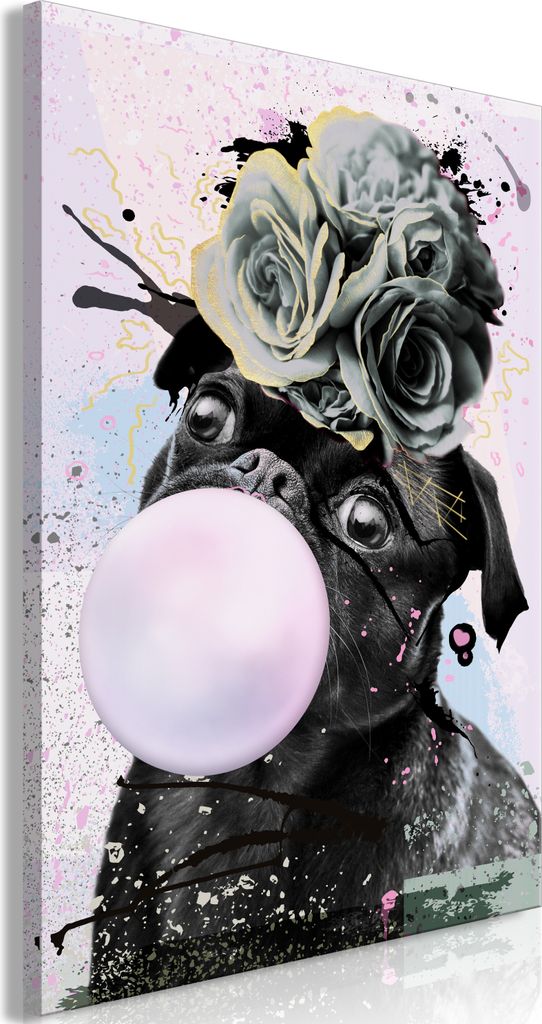 Vlies Leinwandbild - Pug With Bubble Gum (1 Part) Vertical 40x60 cm Tiere g-C-0250-b-a