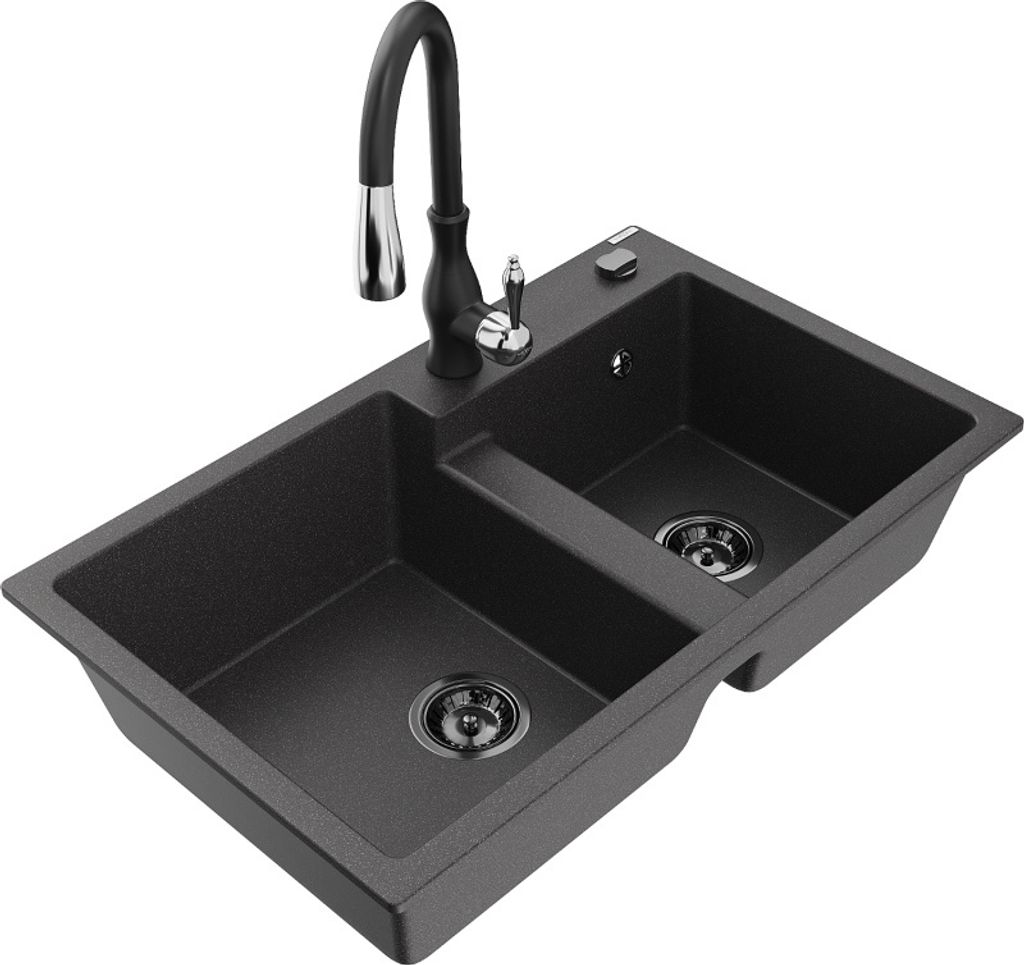 Mexen Tomas 2-Becken-Granitspüle mit Mischbatterie Savita, Schwarz gesprenkelt - 6516-76-672601-70-B