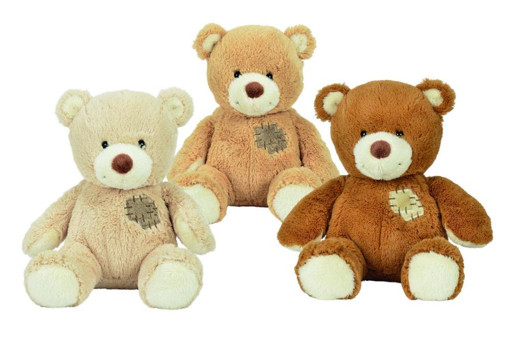 Three teddy bears of different colors are sitting on a white background.