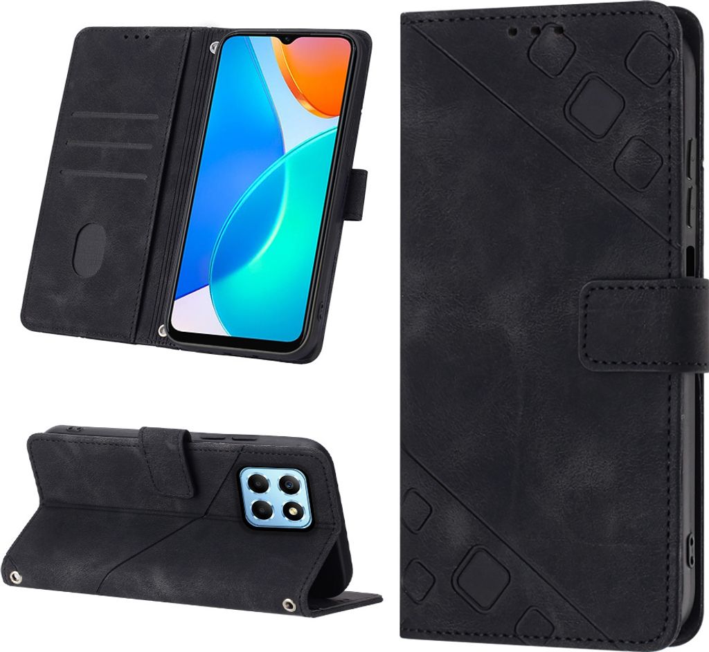 Hülle für Honor X6 /Honor X8 5G Prägung Flip Leder Brieftasche Schutzhülle mit Ständer Schwarz