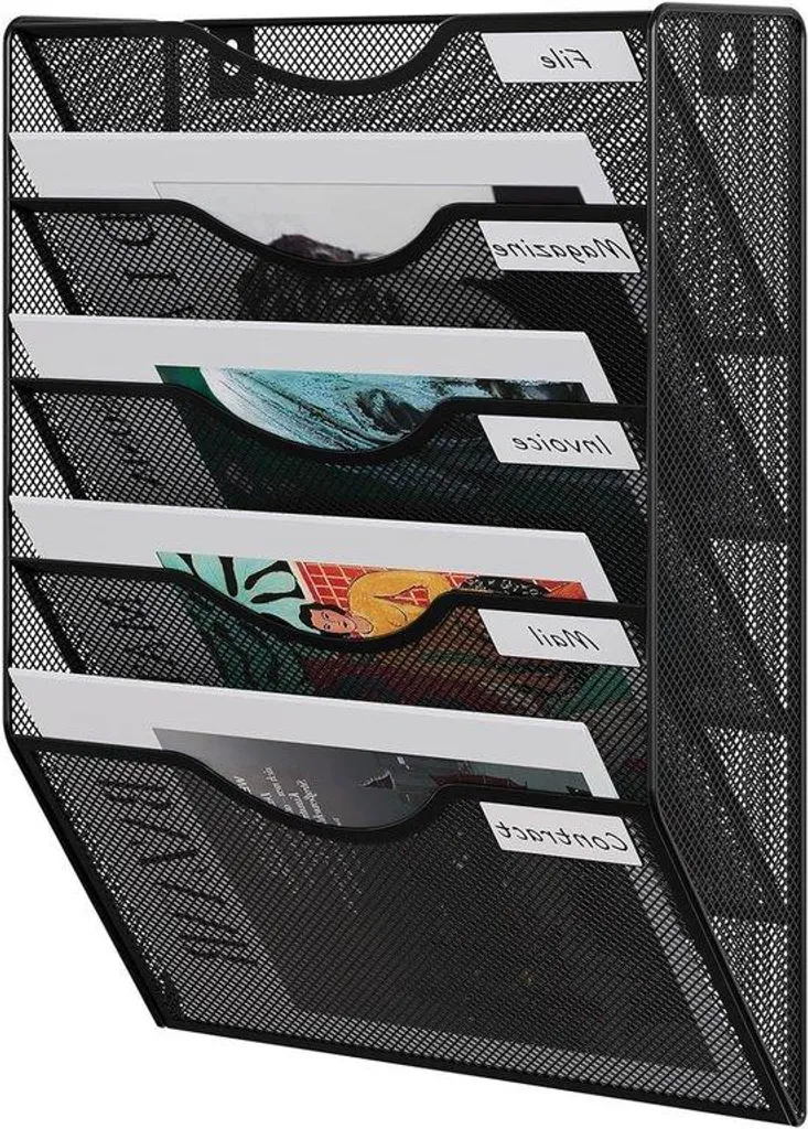 Porte-revues mural à 5 niveaux noir pour salle d'attente et bureau ergonomique