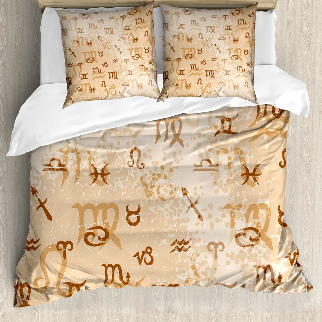 ABAKUHAUS Copripiumino Astrologia, Segni zodiacali Grunge, Antiacaro, Adatto a chi soffre di allergie, con federe, 200 cm x 200 cm - 80 x 80 cm, Marrone chiaro e Caramello