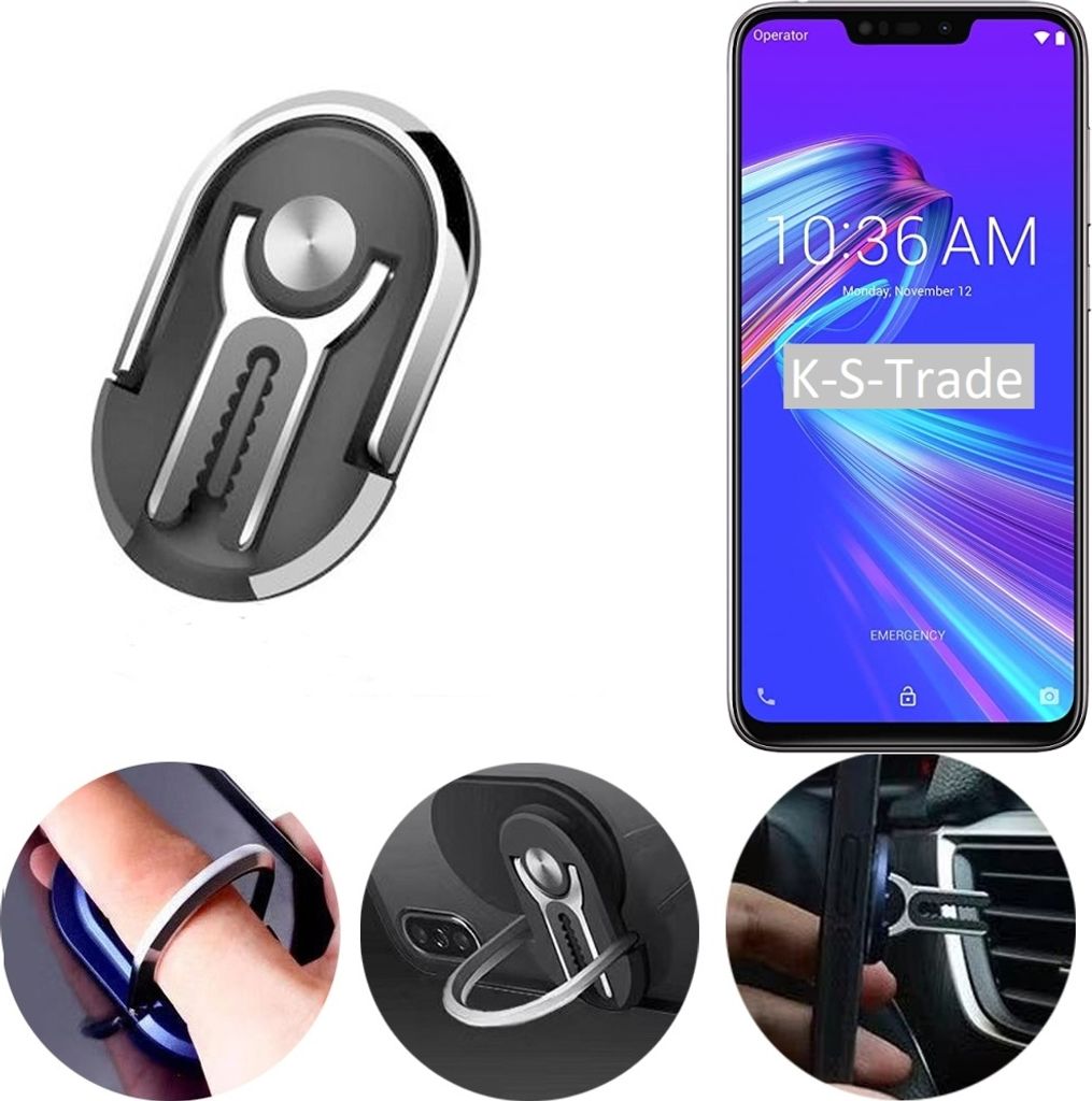 K-S-Trade 3in1 Smartphone-Ring Handy-Ring kompatibel mit Asus Zenfone Max (M2) Fingerhalterung Handyring Tischständer Lüftungsgitter-Halterung