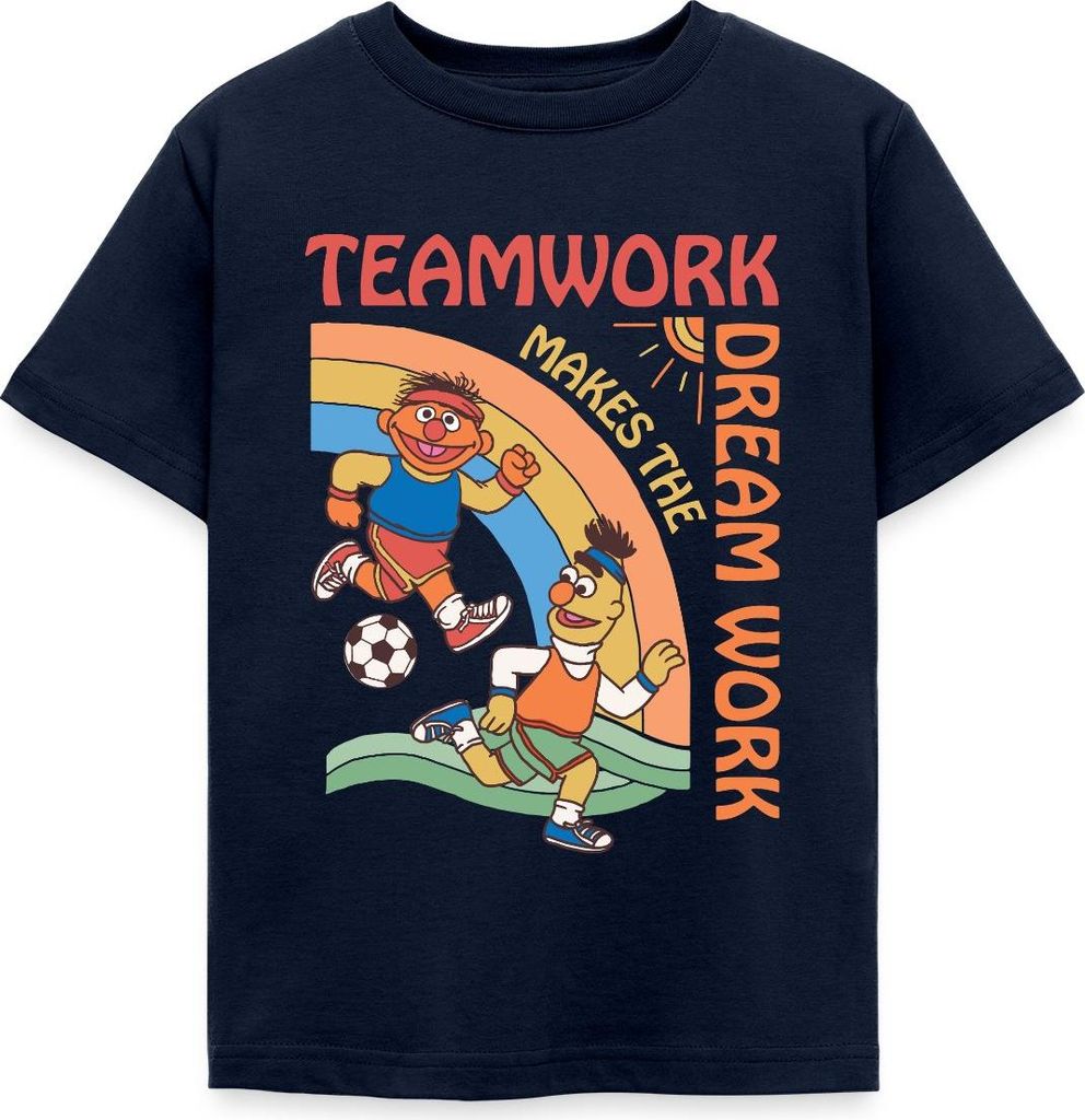 Spreadshirt Sesamstraße Teamwork Makes The Dream Work Mit Ernie Und Bert Kinder T-Shirt, 110/116 (5-6 Jahre), Navy