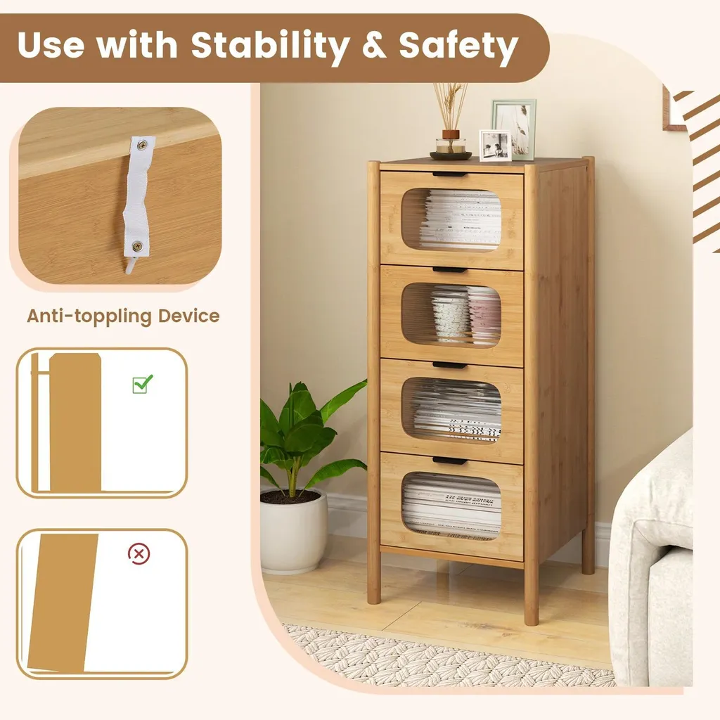 Commode Gain de Place 4 Tiroirs en Bambou - Rangement Style Rétro - 5
