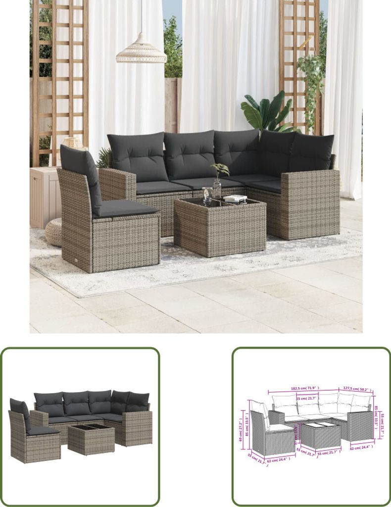The Living Store 6-tlg. Garten-Sofagarnitur mit Kissen Grau Poly Rattan