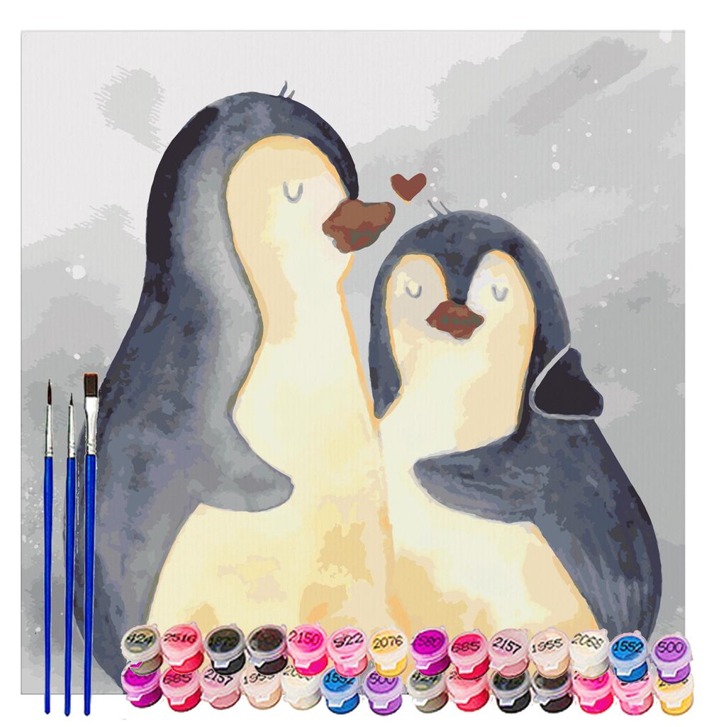 Mr. & Mrs. Panda Malen nach Zahlen Pinguine Einschlafen Motiv 40 x 40 cm Ohne Rahmen - Grau Pastell - Geschenk, für Frauen, DIY, Leinwand, Zahlenb...