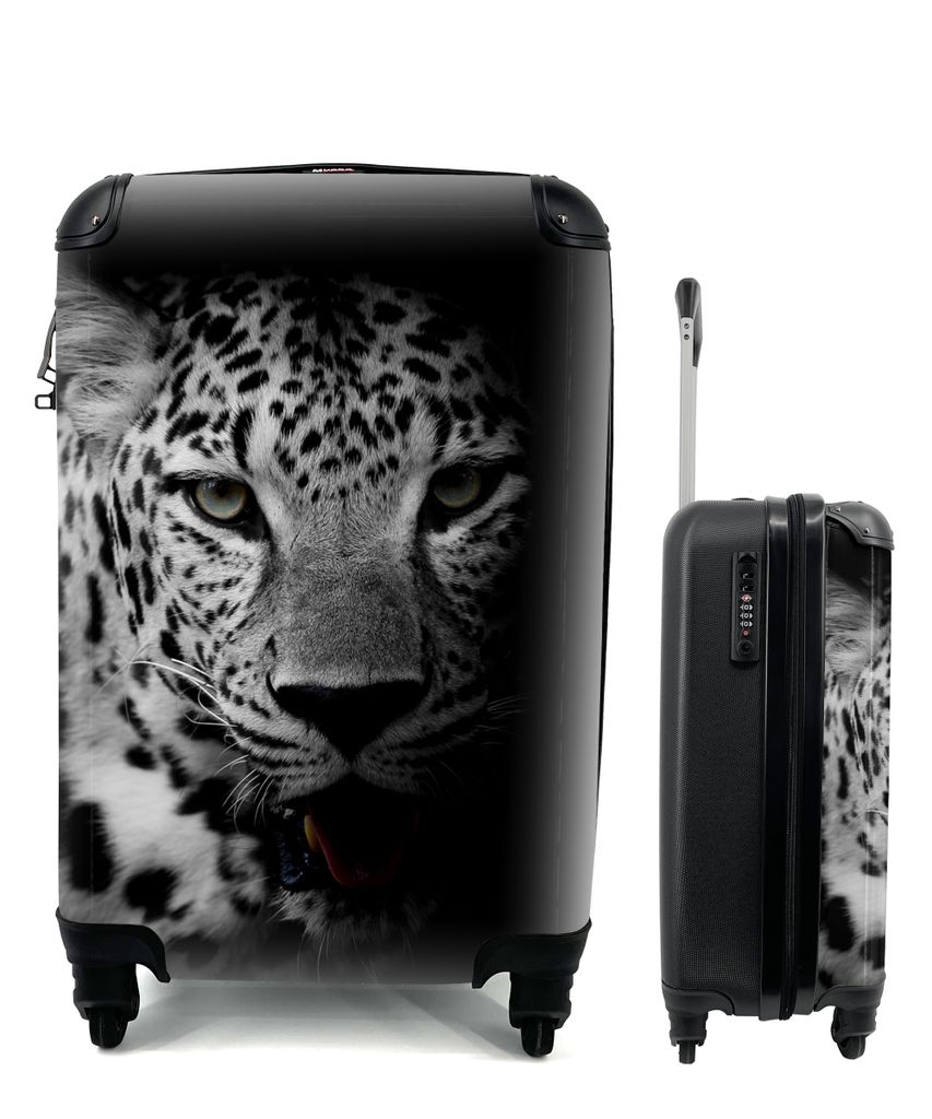 MuchoWow Koffer Handgepäck Trolley Rollkoffer Kleine Reisekoffer mit 4 Rollen - Tiere - Schwarz - Weiß - Panther - Porträt - Cabin Size < 55x4...