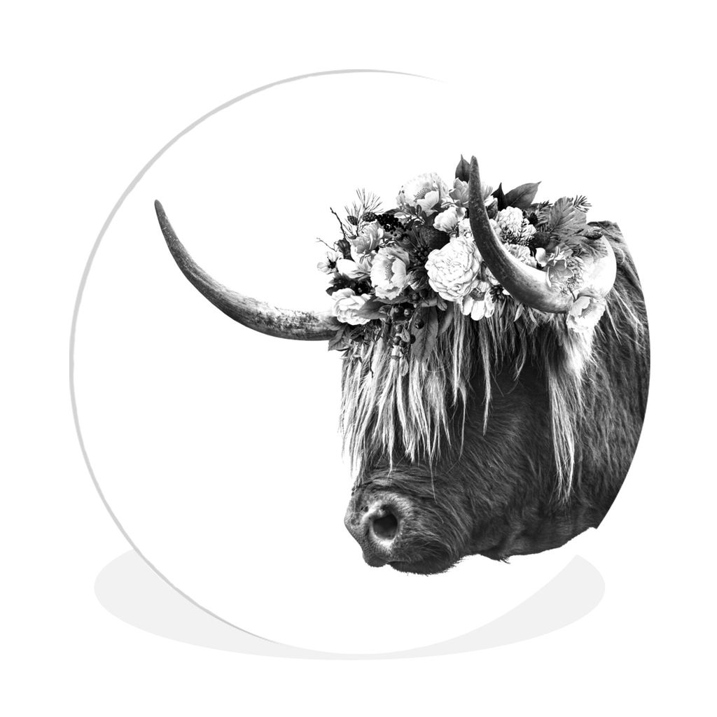 MuchoWow Rundes Wandbild - Runde Bilder Schottischer Highlander - Blumen - Schwarz - Weiß Ø 90 cm Kreis Wanddekoration Kunststoff - Wandkreis -...