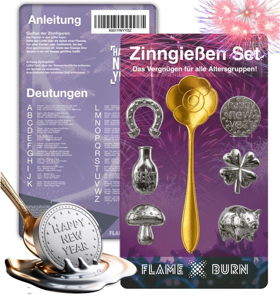Zinngießen Set für Silvester 2026: inkl. Löffel & Orakelbuch Feuerwerk