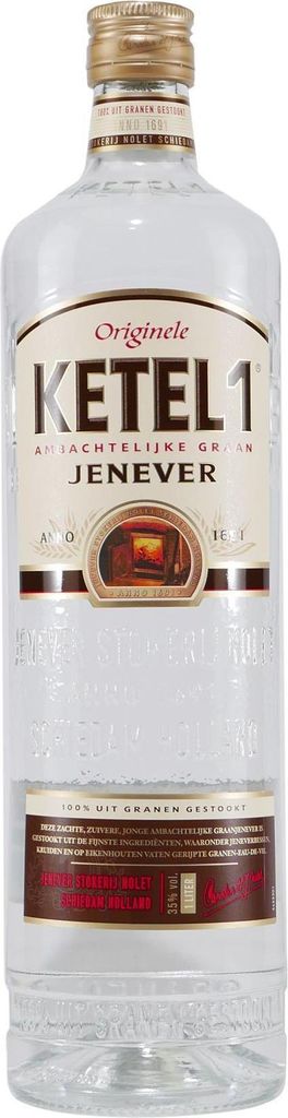 A clear, well-lit product shot of a bottle of Ketel 1 Jenever against a white background.