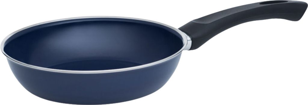 A blue frying pan with a black handle is shown against a white background.