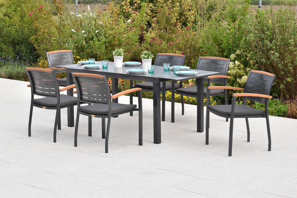 Merxx "Tinos" Gartenmöbel Set 13tlg., 6 Stapelsessel, 6 Auflagen, Ausziehtisch 150 (200) x 90 cm, Aluminium