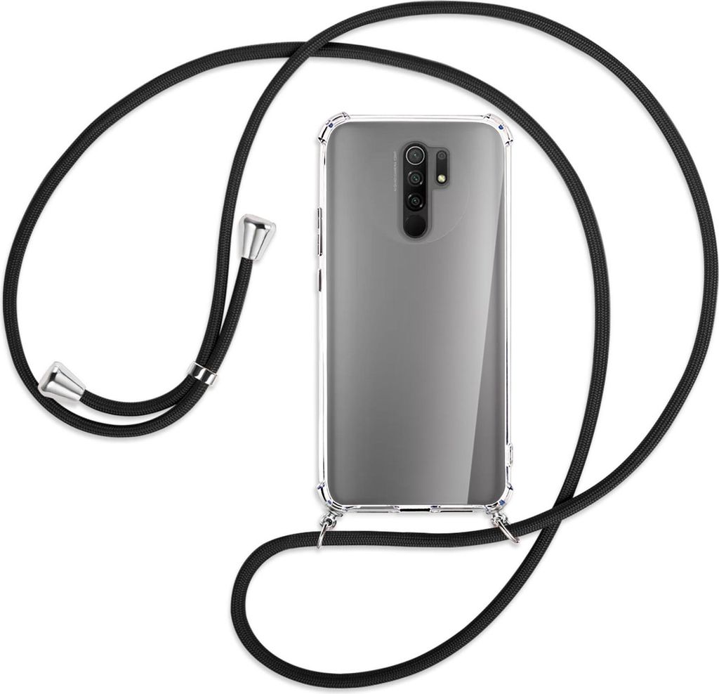 Handykette Backcover-Schutzhülle mit Band (Metall silberfarben) für Xiaomi Redmi 9 - schwarz