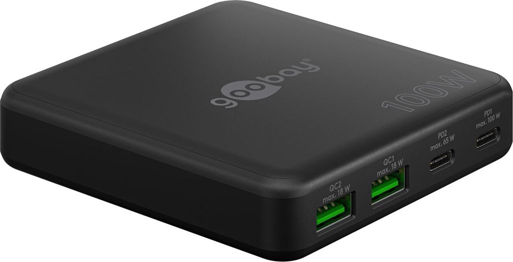 Goobay USB-C PD GaN Multiport-Tischladegerät, 2x PD, USB-A QC 3.0, schwarz, 3 A, 20 V - Leistung: 100W