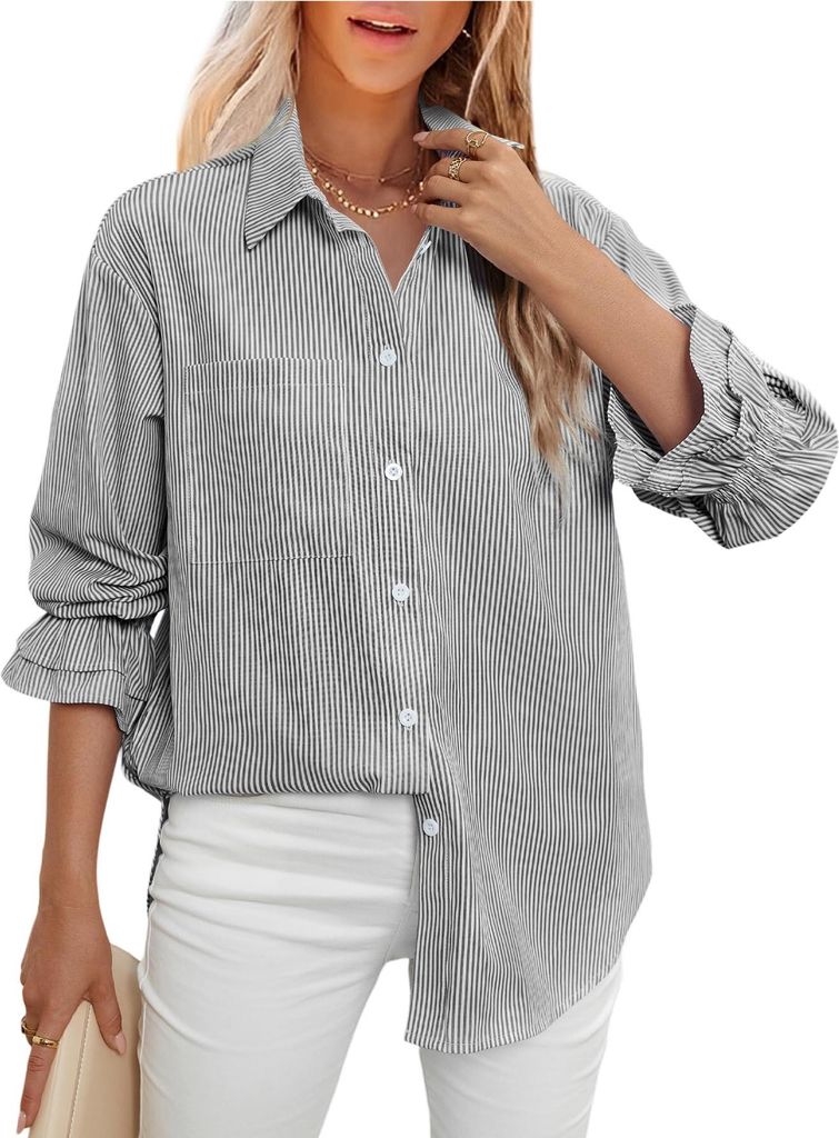 ASKSA Damen Bluse V Ausschnitt Langarm Knoepfen Elegant Hemdbluse Casual Hemden Gestreifte Brusttasche Oberteile (Schwarz,M)