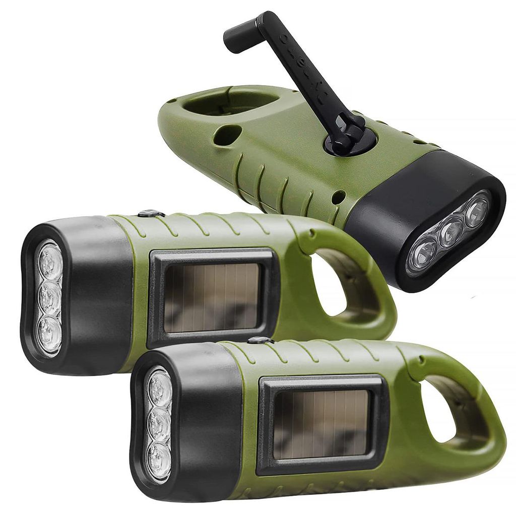 Solar & Handkurbel Taschenlampe | 3er Set Mini-LED-Taschenlampe, USB/Type-C & Notstromfunktion, Outdoor, EDC, Notfall (Grün)