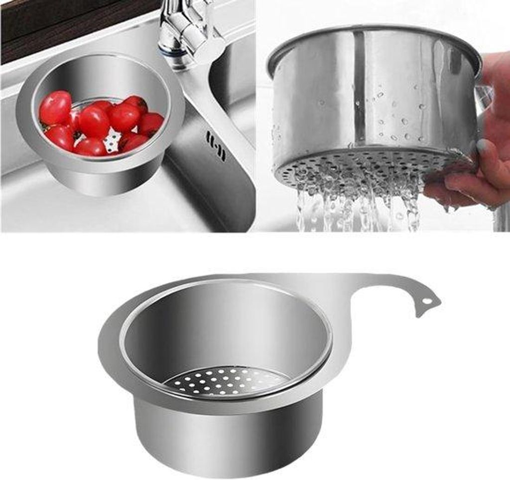A collage of images showing a stainless steel sink strainer in use and as a standalone product.