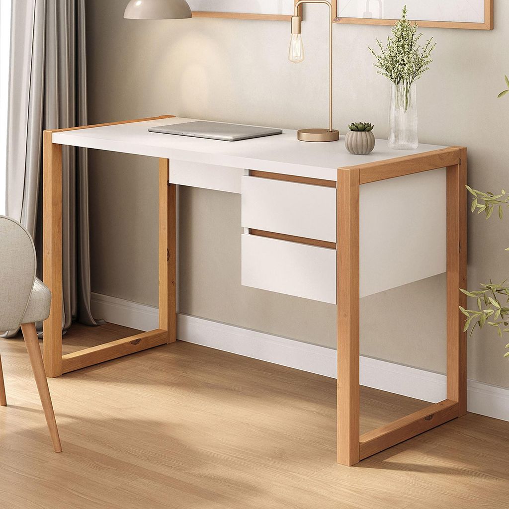 Schreibtisch BELINDA mit 2 Schubladen, Weiß/Eiche – Home Office Tisch aus Kiefer Massivholz, Modernes Design mit praktischem Stauraum