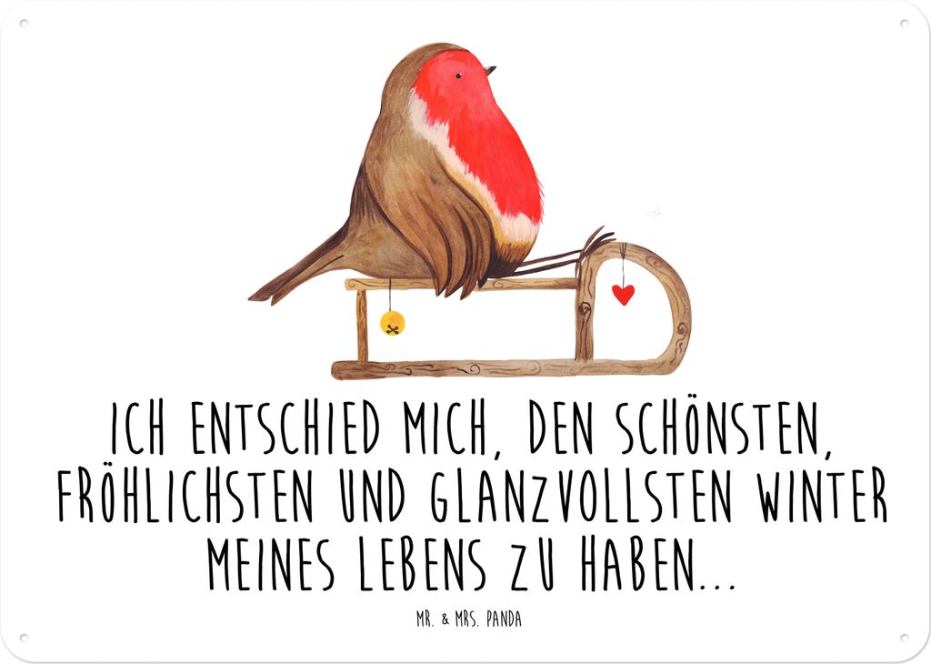 Mr. & Mrs. Panda Wandbild Rotkehlchen Schlitten DIN A4 - Weiß - Geschenk, Türschild, Weihnachten, Blechschild, Schild, Vogel, tafel, Retro