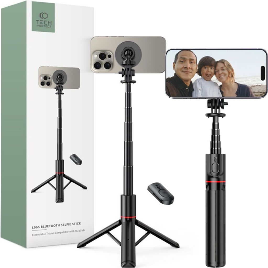 A product shot of a black selfie stick with a tripod base, a smartphone attached, and a remote control, alongside its packaging.