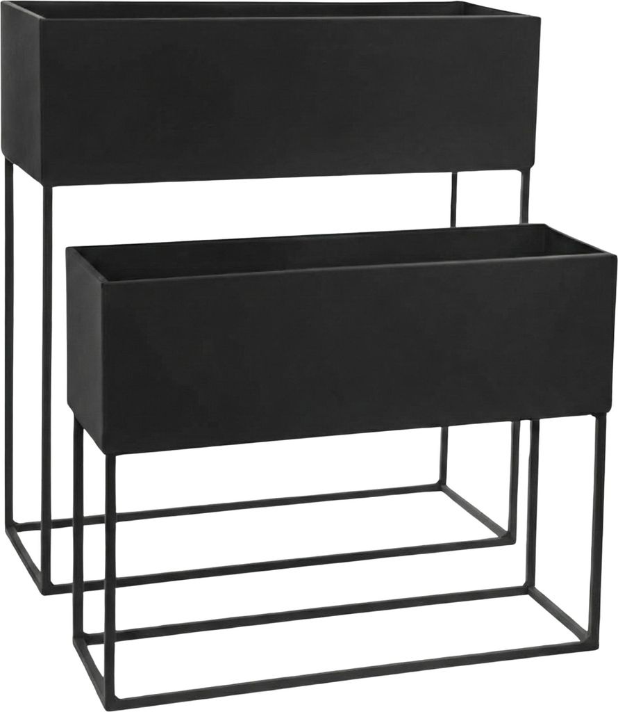 Two black rectangular planters on stands, one behind and slightly higher than the other.