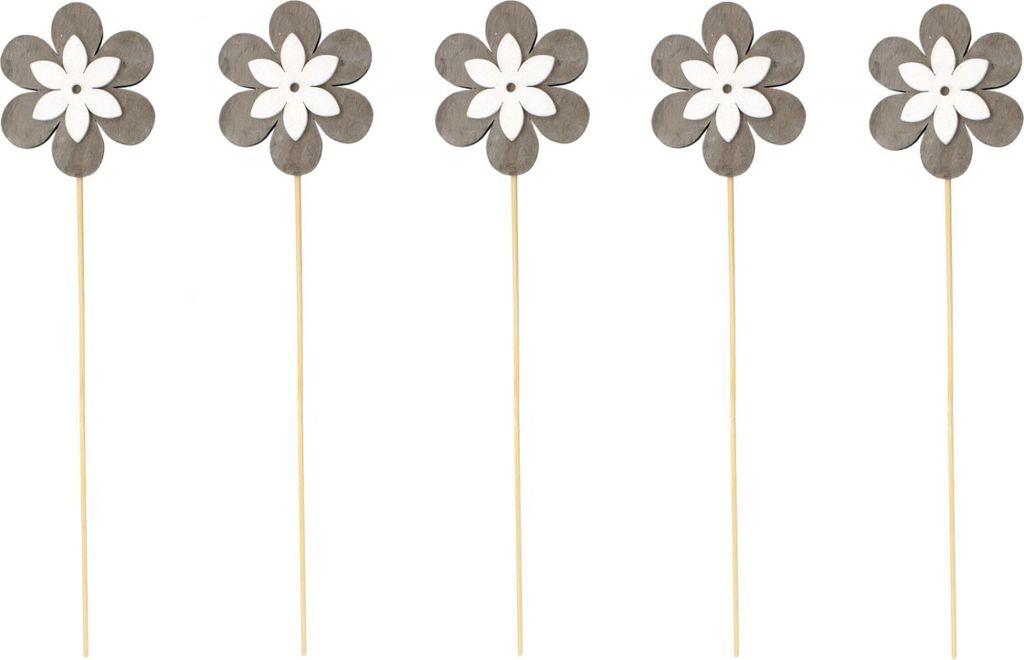 Blumen-Stecker Blume grau weiß mit Holzstab 5 Stück