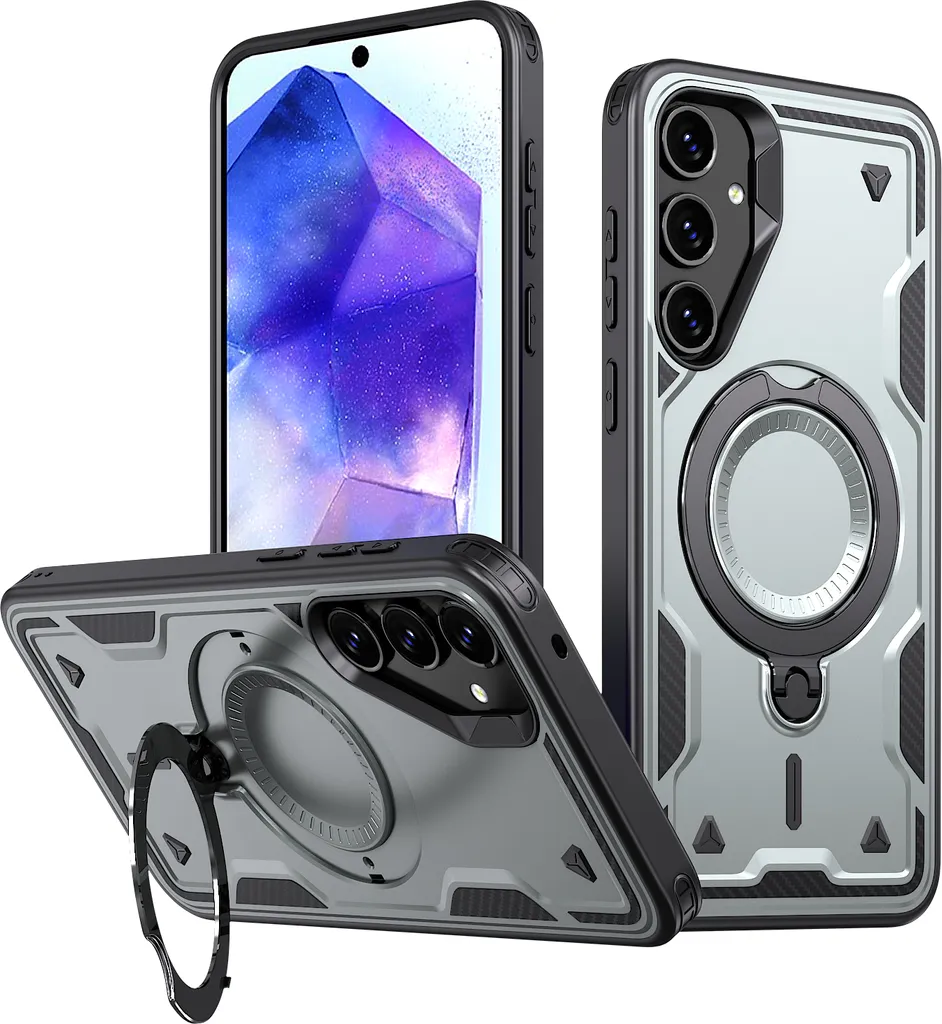 Custodia a doppio strato per Samsung Galaxy A55, custodia protettiva militare magnetica con anello in metallo e supporto Grigio