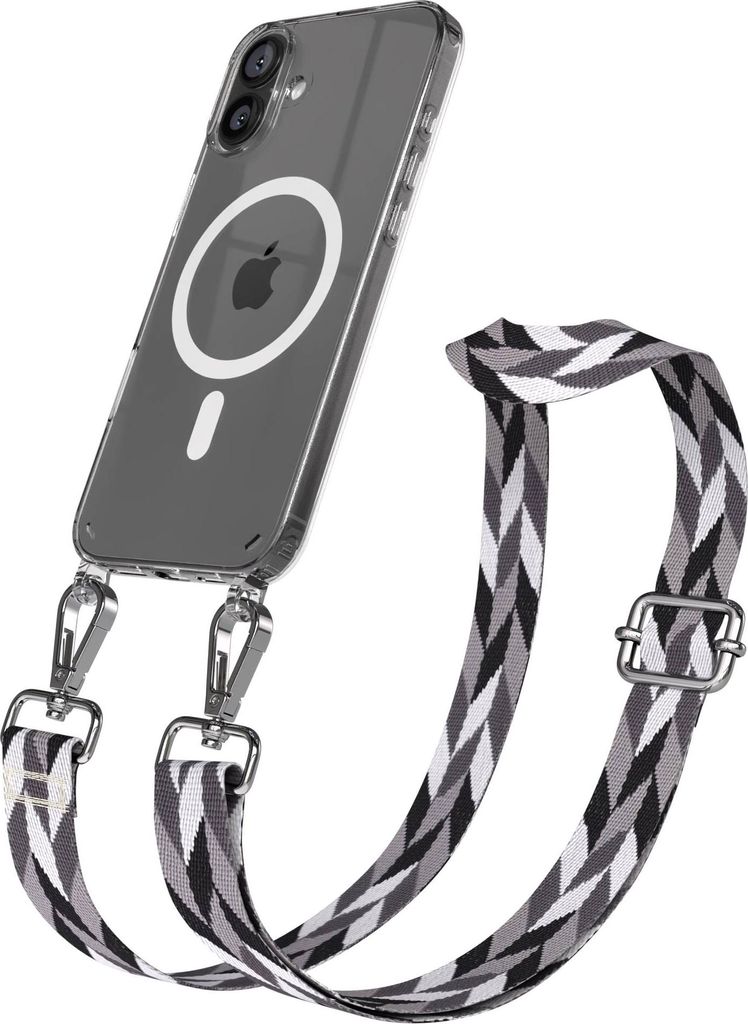 EAZY CASE - Handykette mit MagSafe Hülle für Apple iPhone 16 Plus, Handyband Mix Style, Karabiner Silber, Umhängeband in Schwarz
