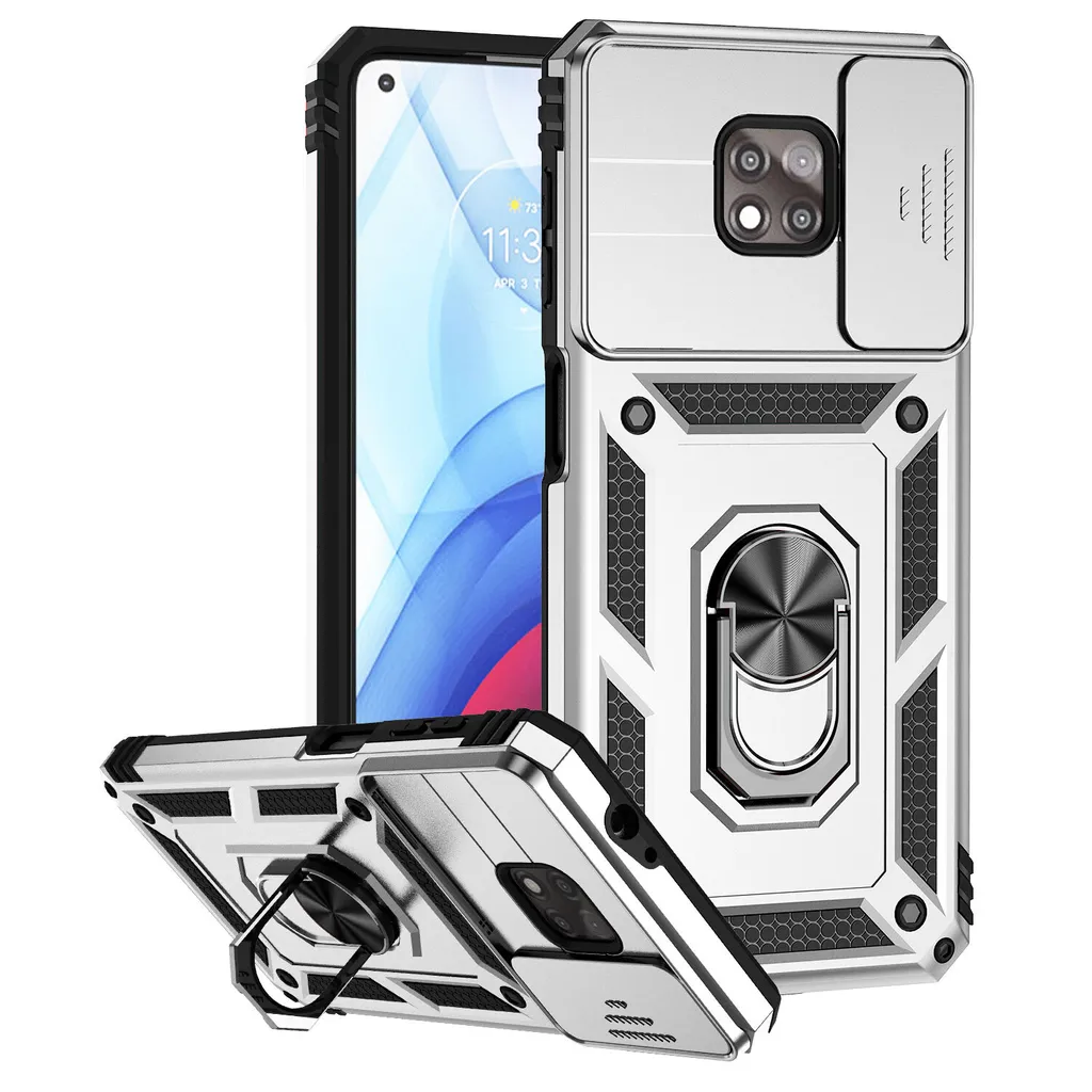 Cover Moto G Power 2021 con Protezione Fotocamera e Ring Stand Argento