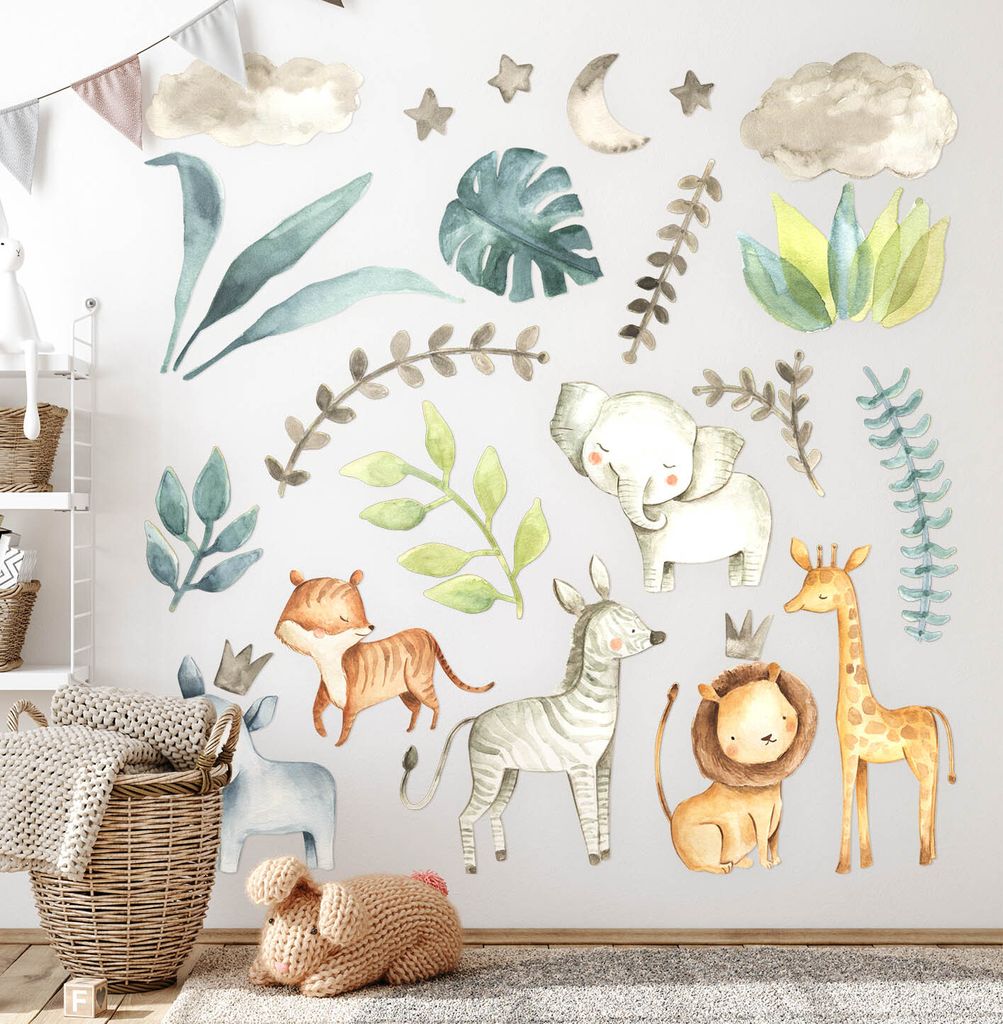 Wilde Safari – Wandgestaltung – Wandbilder Kinder – Motivtapeten Set – Wanddekor Kinderzimmer – Selbstklebende Wandsticker – 80x127 cm