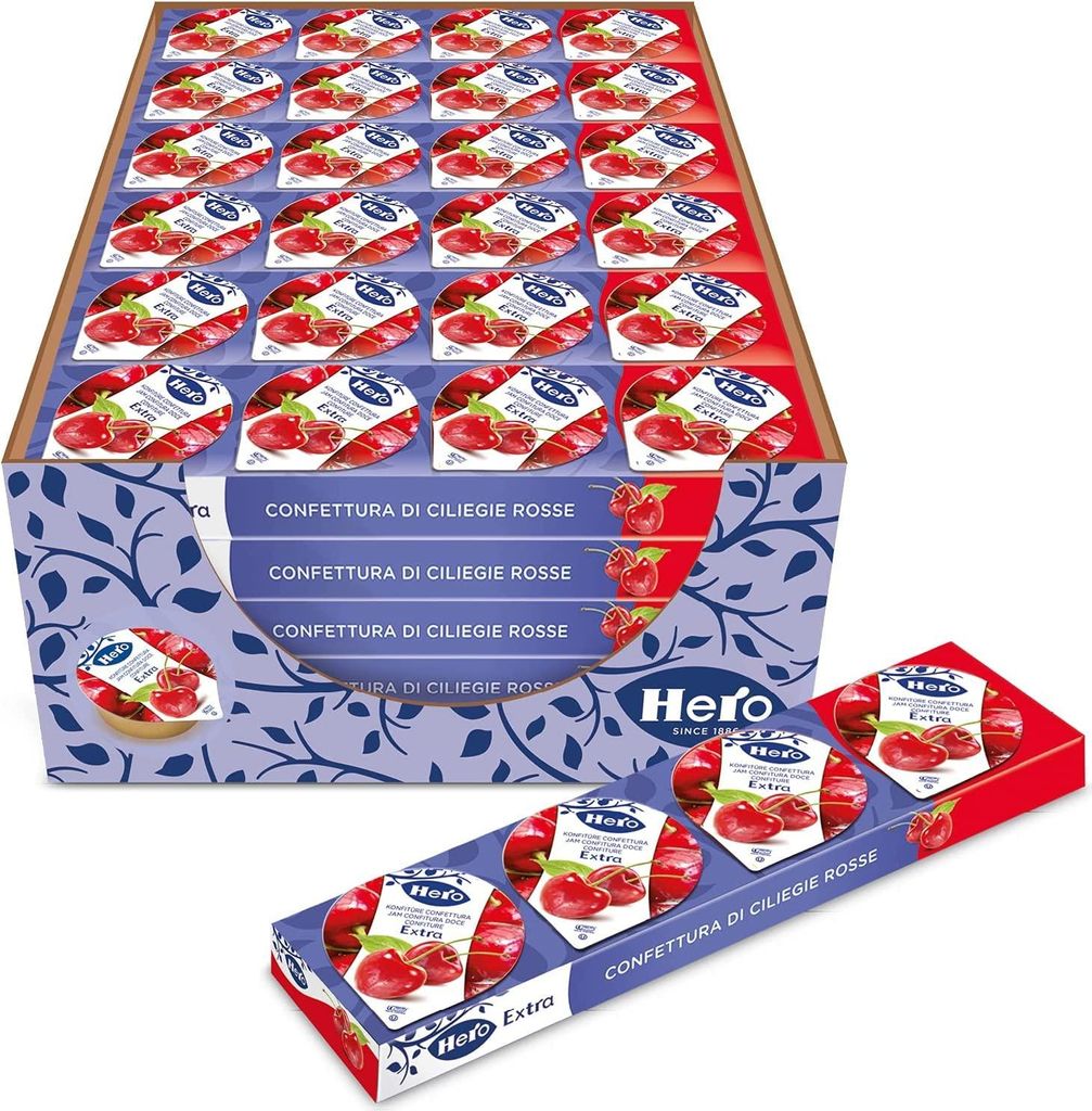 Hero Poker Rote Kirschen Marmelade, 30 Packungen à 100 g (4 Einzeldosen x 25 gr), Marmelade und Konfitüre extra, hochwertiges Obst, ohne Konservi...