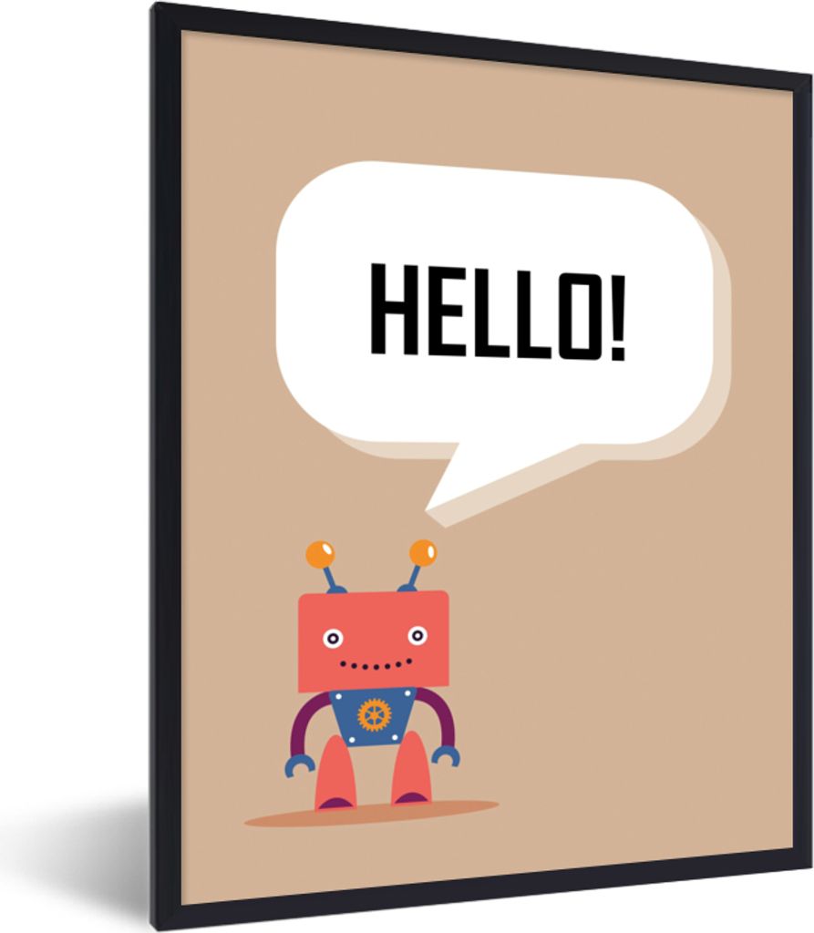 MuchoWow Gerahmtes Poster Sprichwörter - Zitate - Hallo! - Roboter - Zahnrad - Kinder 60x80 cm - Poster mit Schwarzem Bilderrahmen Wandposter Ra...